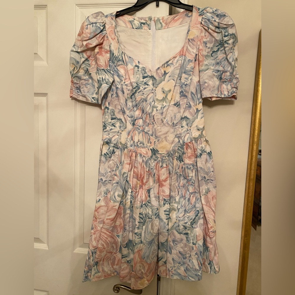 Vintage Babydoll Pastel Watercolor Floral Puff Sleeve Mini Dress